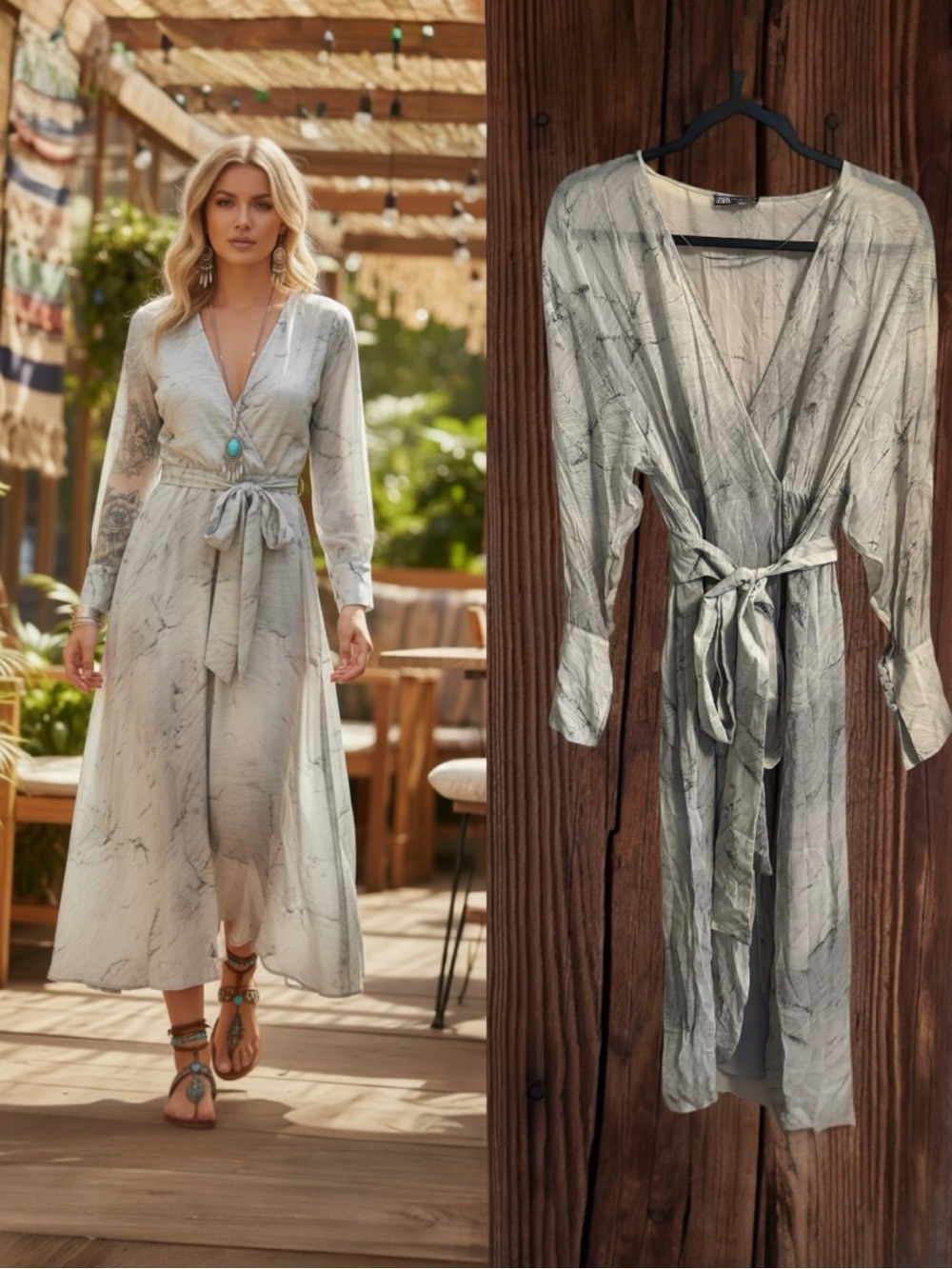 Zara Gray Marble Printed Semi Sheer Tunic Dress V-Neck Tie Waist Midi Size M / L